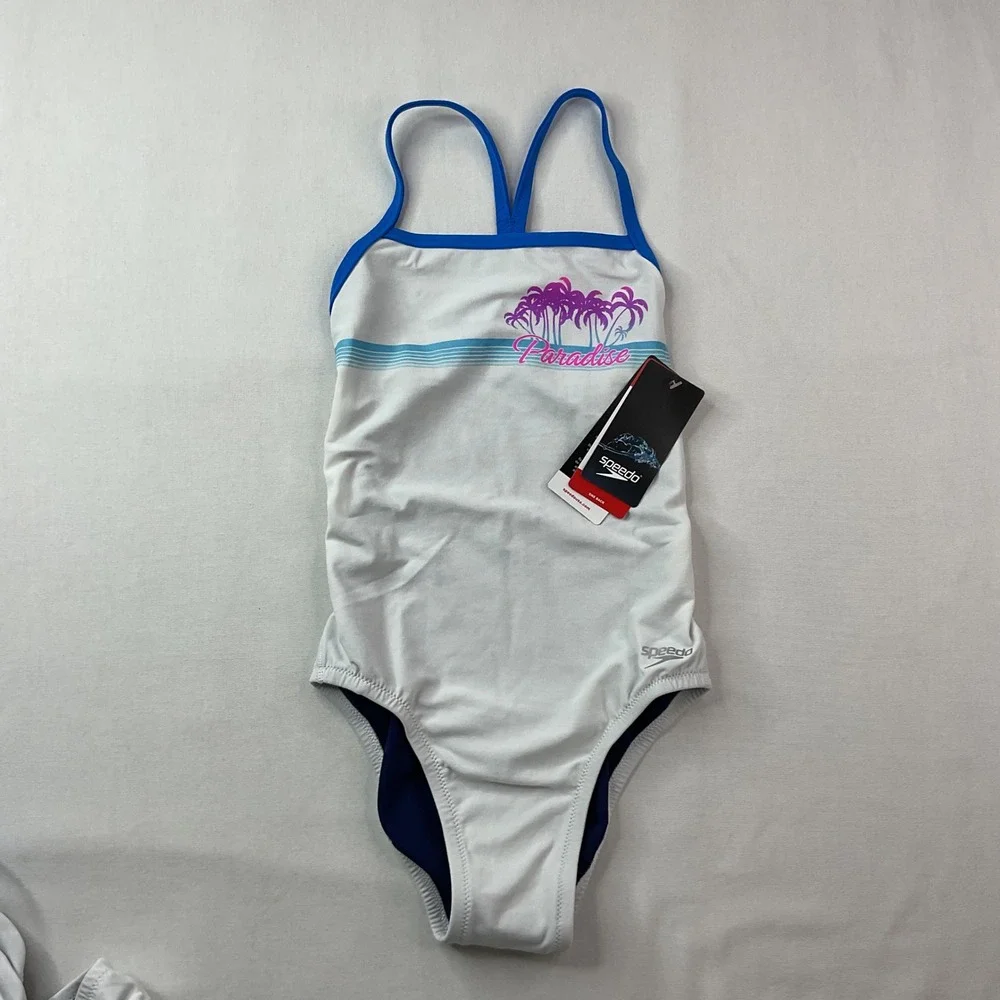 Speedo Endurance Girls White Paradise Palm Tree One Piece Swimsuit Size 24 NEW
